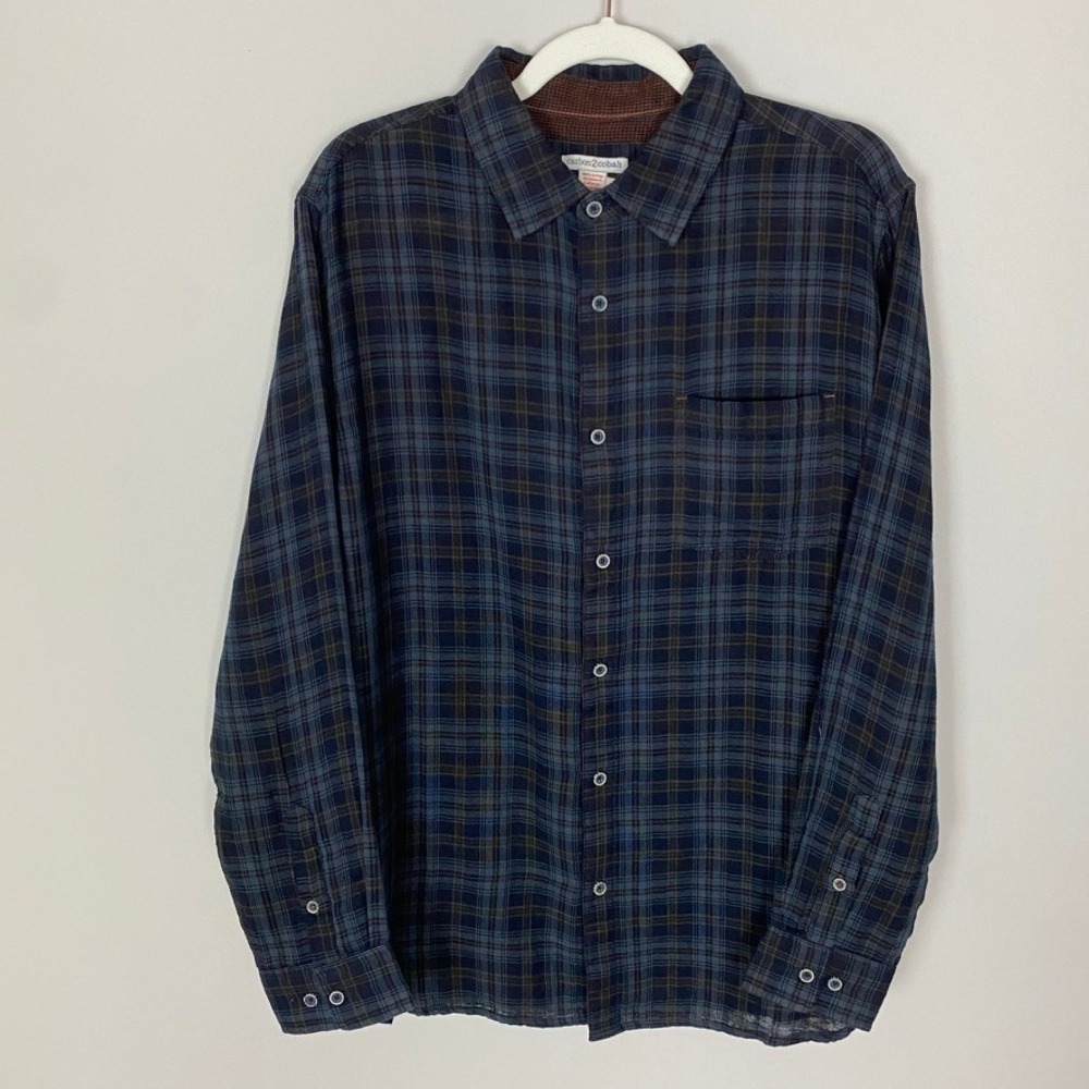 Carbon2Cobalt Plaid Button Down‎ Shirt Mens Medium Double Cloth Soft Flannel